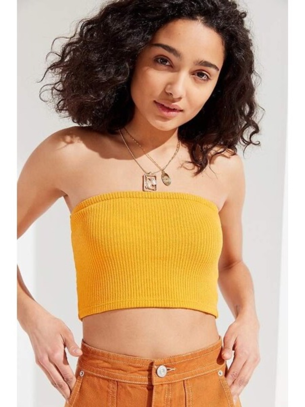 Urban Outfitters Hallie Rib-Knit Tube Top in mustard yellow